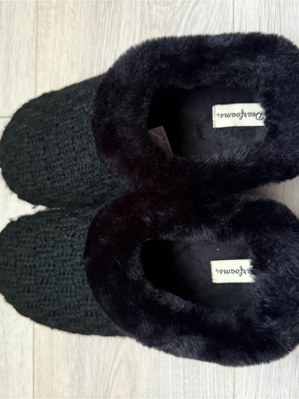 Cozy Black Faux-Fur Knit Slippers
